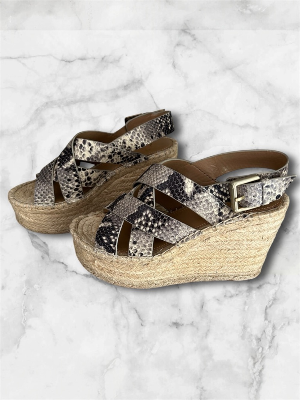 Marc Fisher Platform Espadrille Wedge Leather Snakeskin Sandals Size 6 - Picture 6 of 14